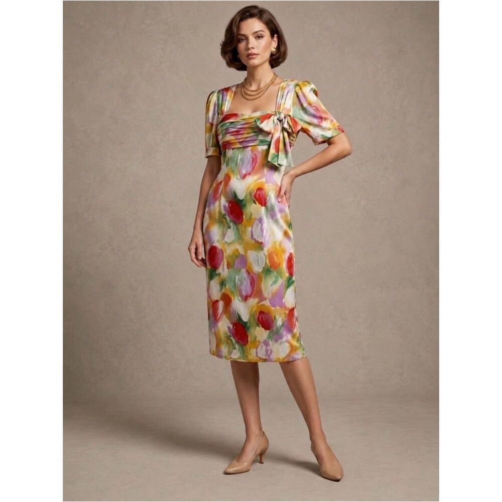 Vintage 1980s LOUIS FERAUD Tulip Floral Dress NEW Size US 12, UK 16
